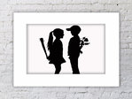 Banksy Boy & Girl Flowers & Baseball Bat Mounted Print