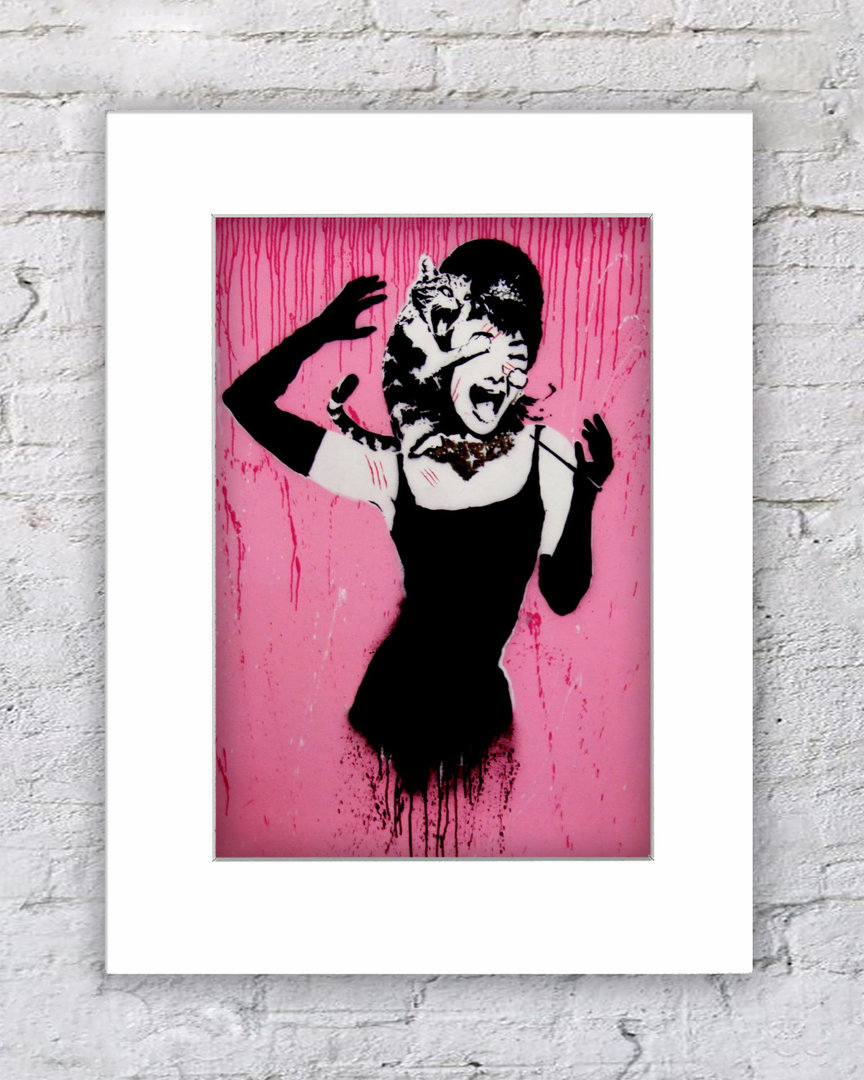 Banksy Audrey Hepburn Cat Attack Pink